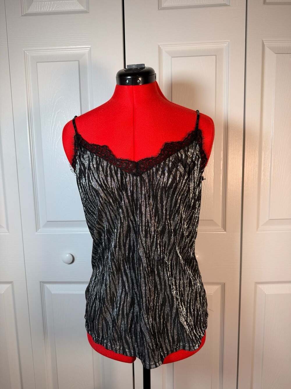 Divided H&M Metallic Cami Size 12 Black Silver Lace Trim